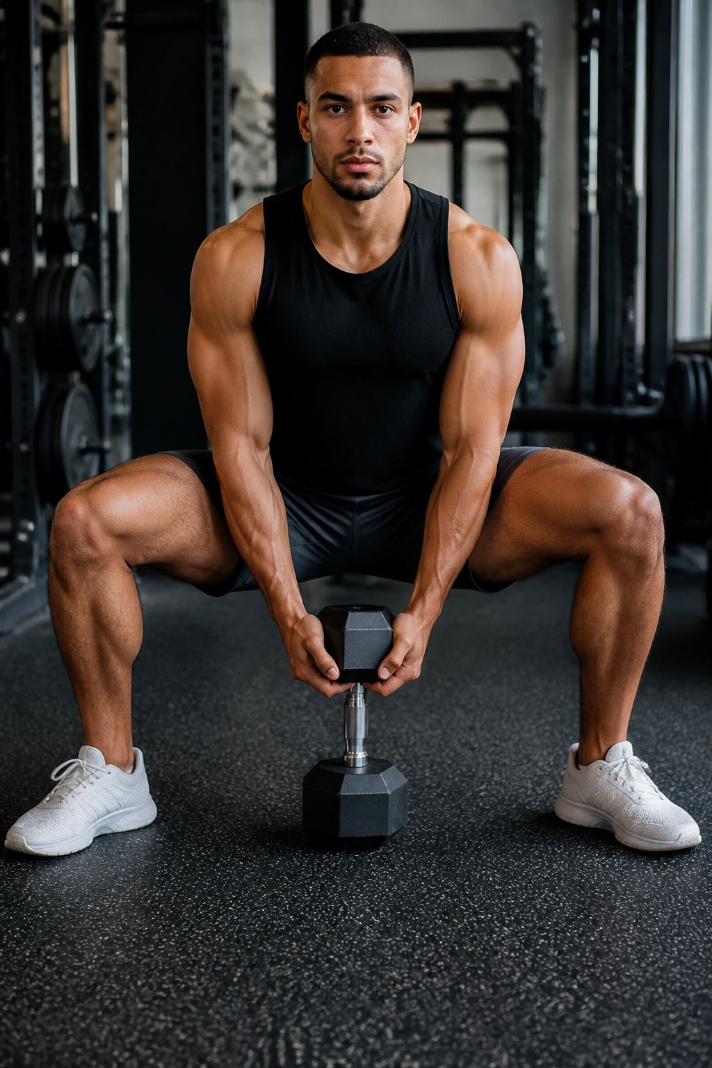 Athlete in sumo squat with dumbbell between legs in gym