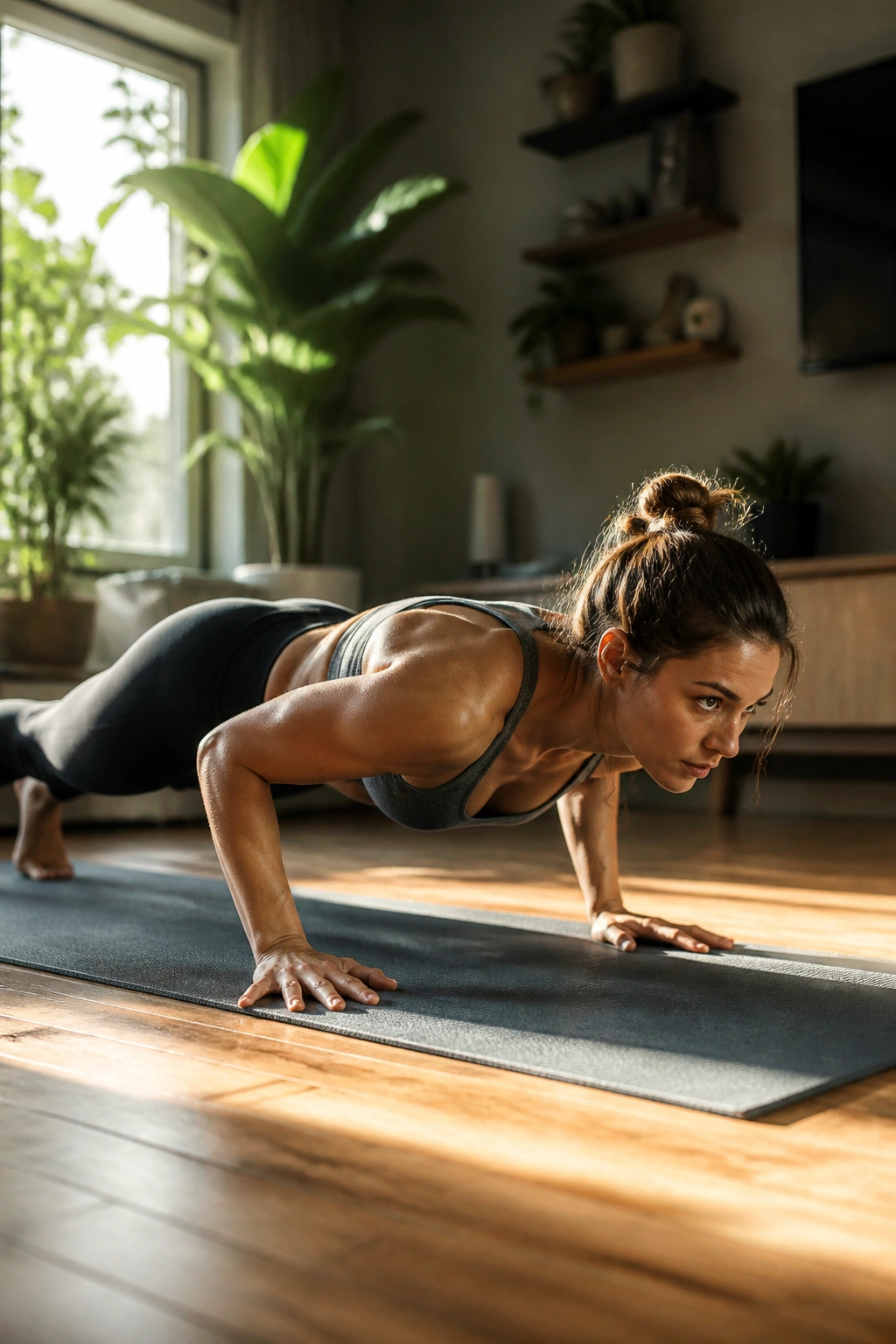 Medium close-up of a real person performing Sun Salutation With Plank Drops in a sunlit home yoga space.