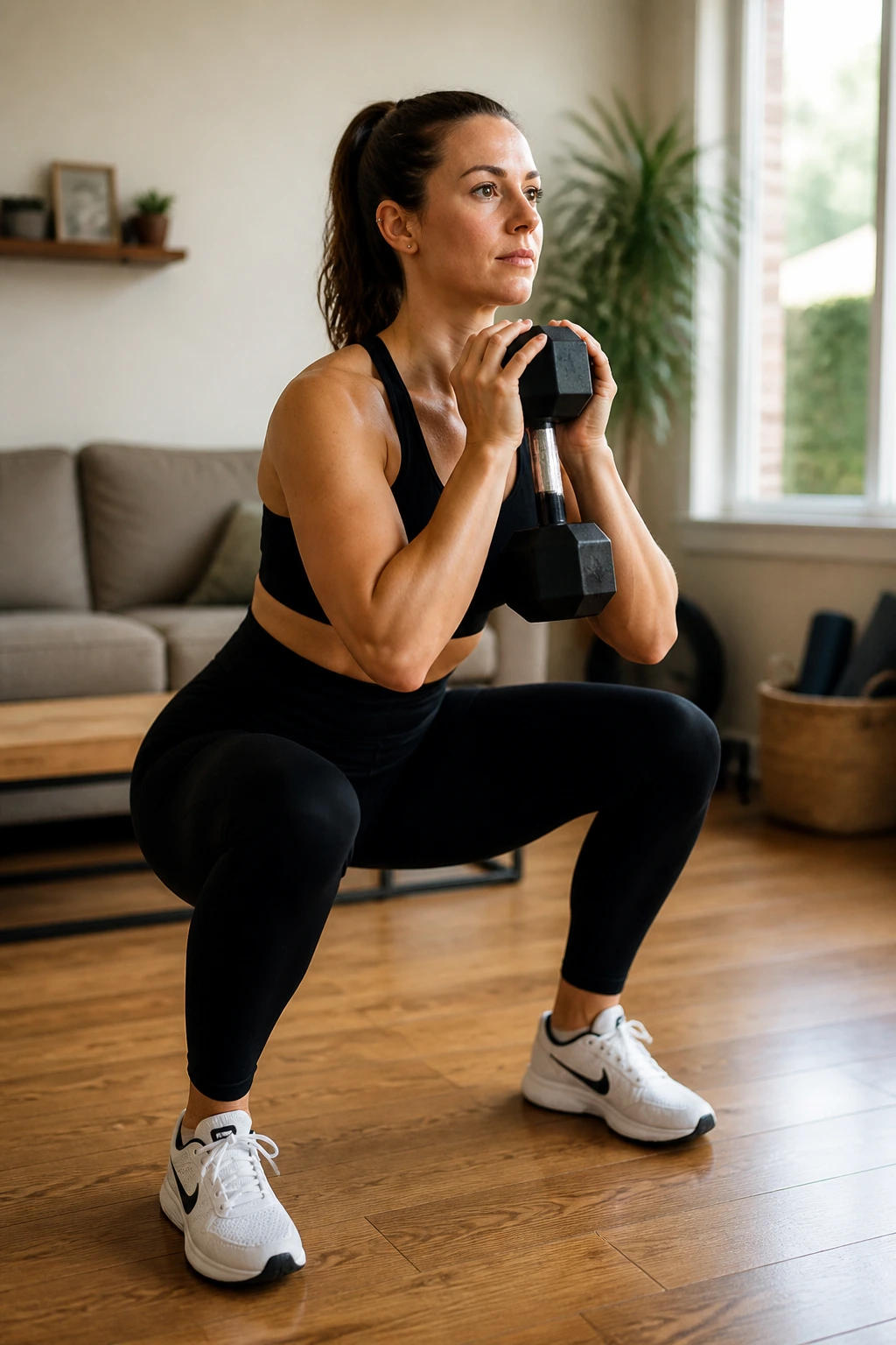 Person doing goblet squat in a bright home living room for a Sunday reset workout