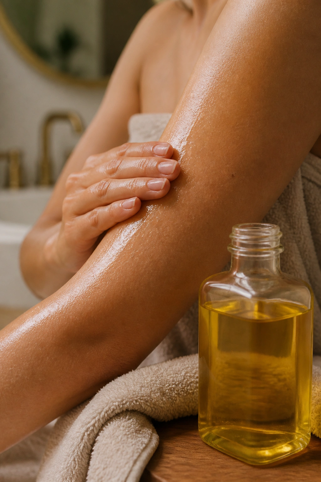 Close-up of sunflower seed oil being spread on damp skin