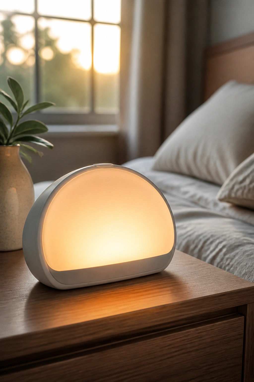 Close-up of sunrise alarm clock glowing softly on a bedside table.