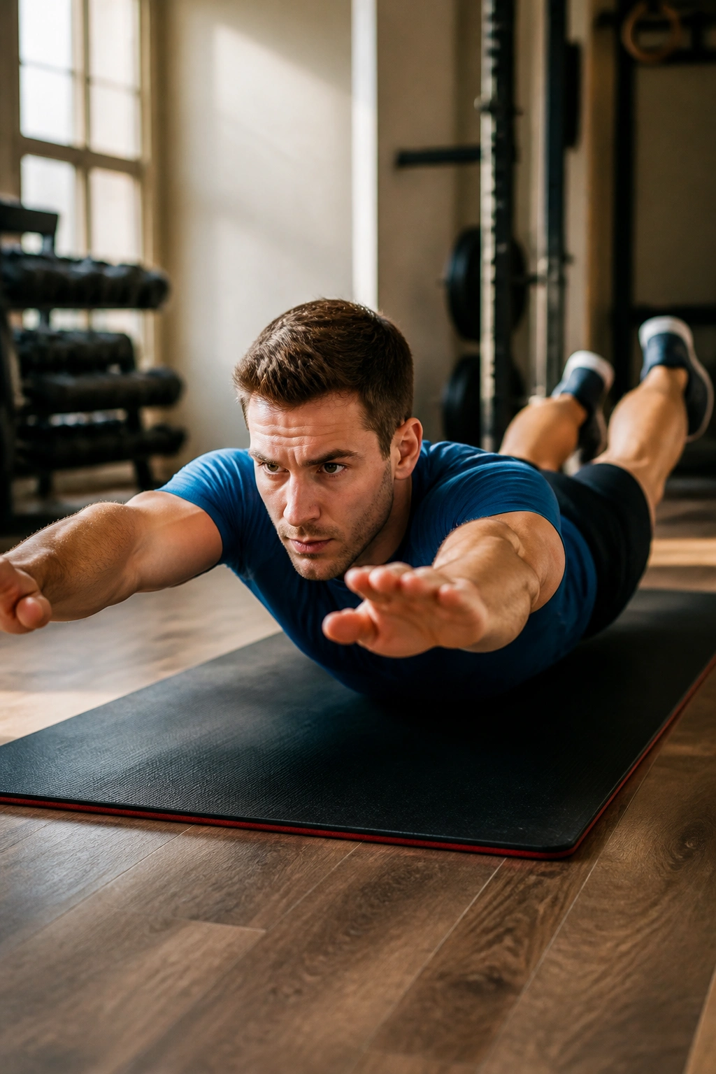Close-up of a person performing the Superman back-extension on a gym mat, lifting arms and legs to strengthen the back