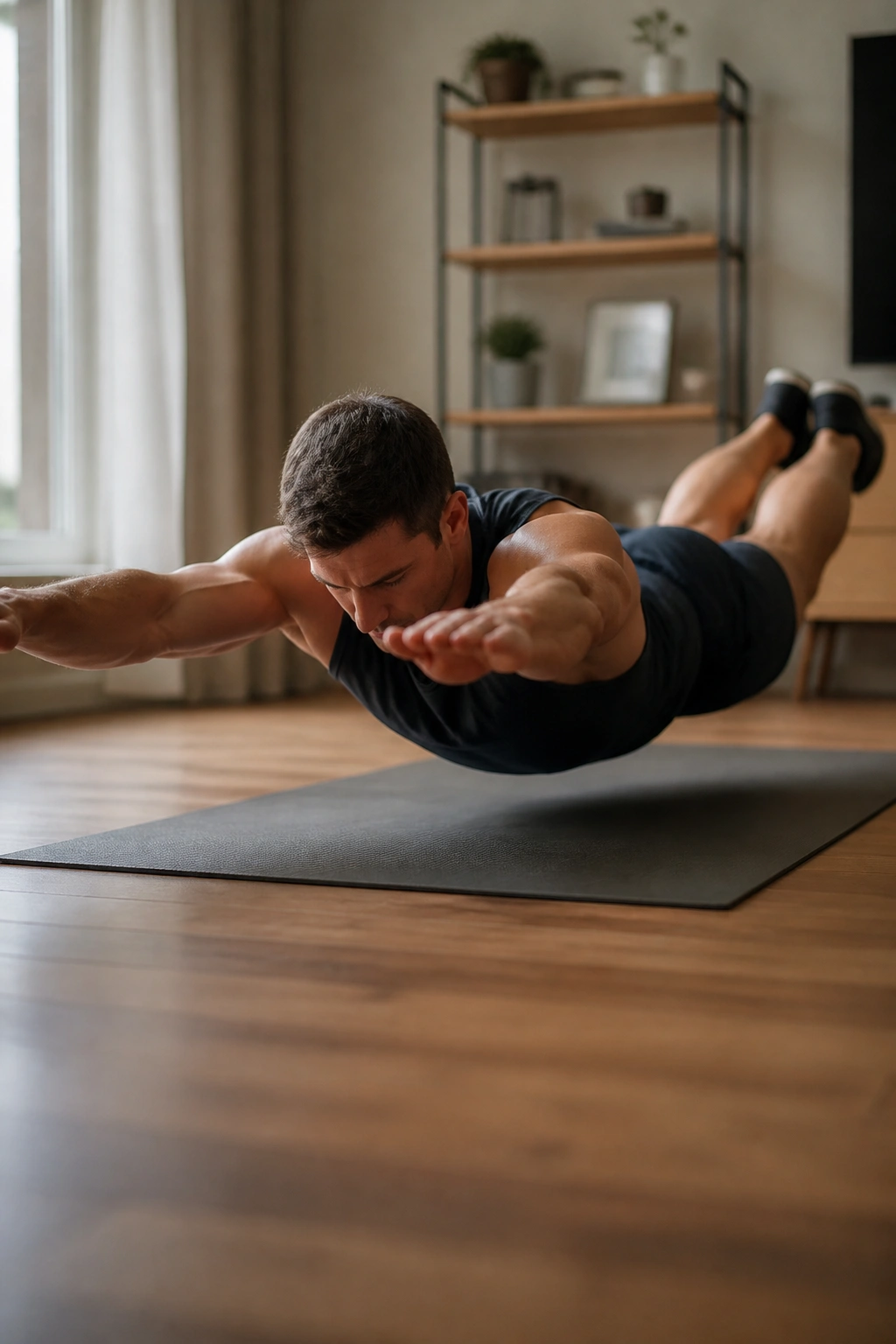 Medium close-up of a person performing the Superman exercise, lifting arms and legs
