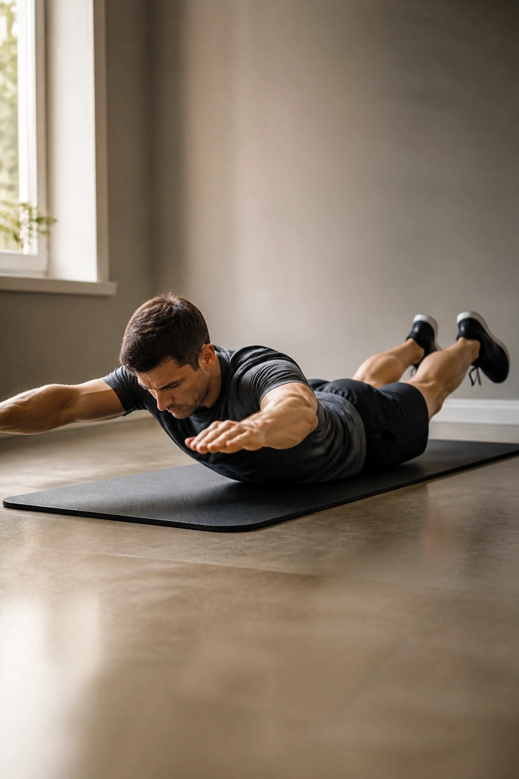 Real person doing Superman hold on a mat