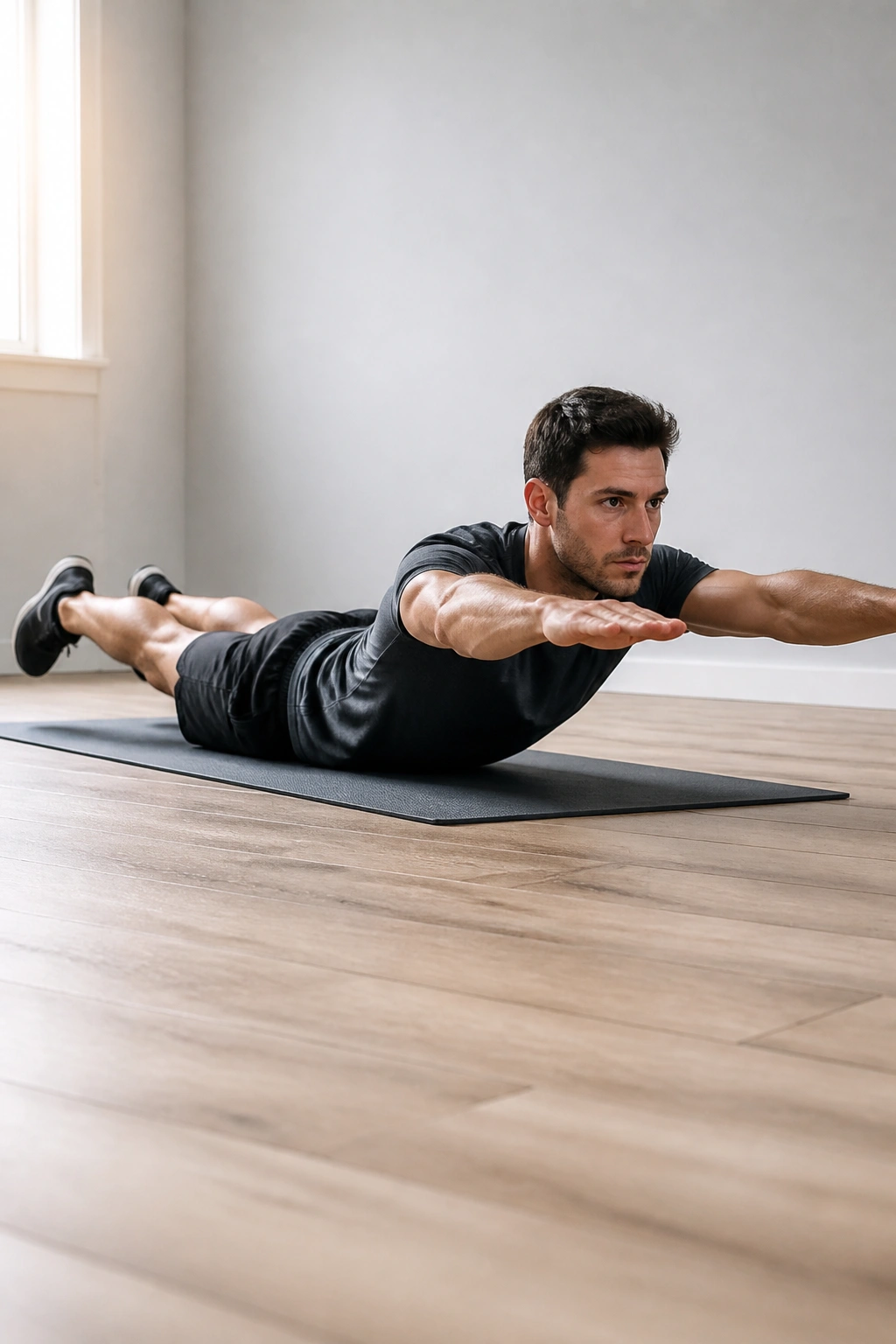 Person performing the Superman hold with arms and legs lifted off floor