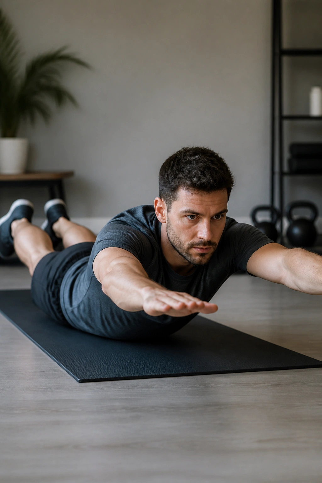 Superman Hold: person on belly lifting chest and thighs off mat, arms extended forward.