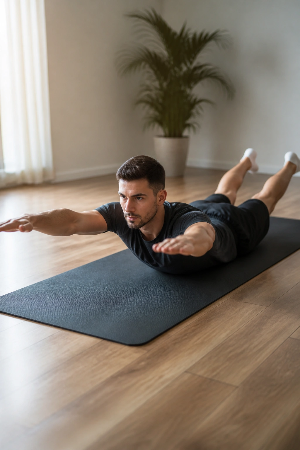 Person in a Superman hold on a mat with arms and legs lifted.