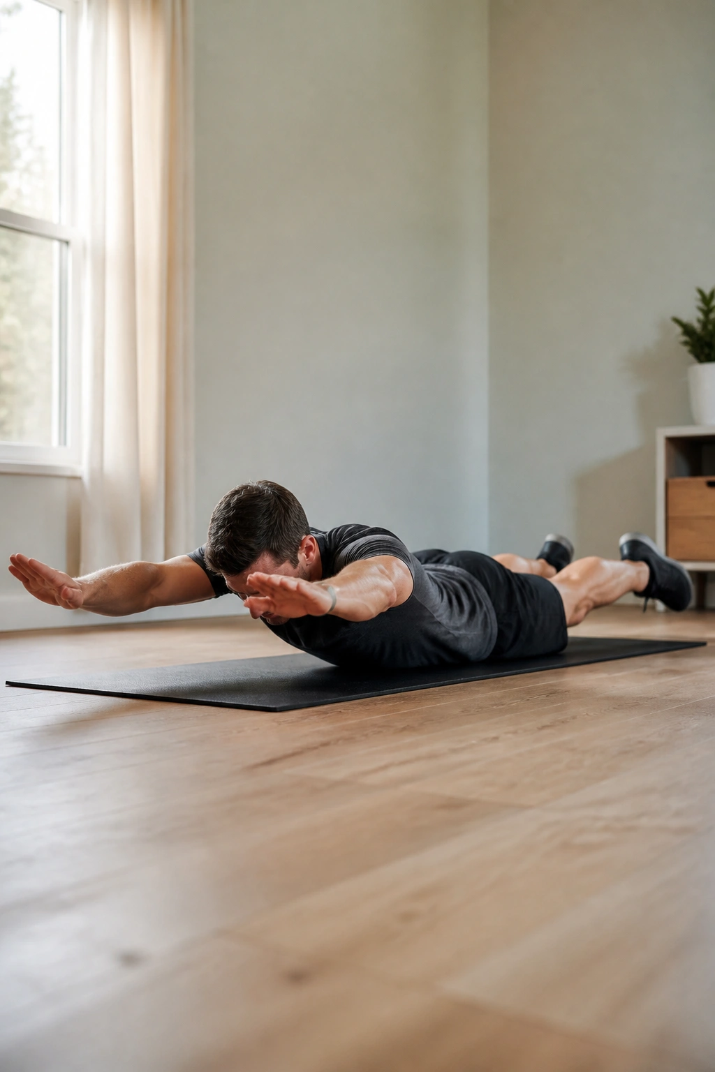 Person in a prone position lifting arms and legs for a Superman hold
