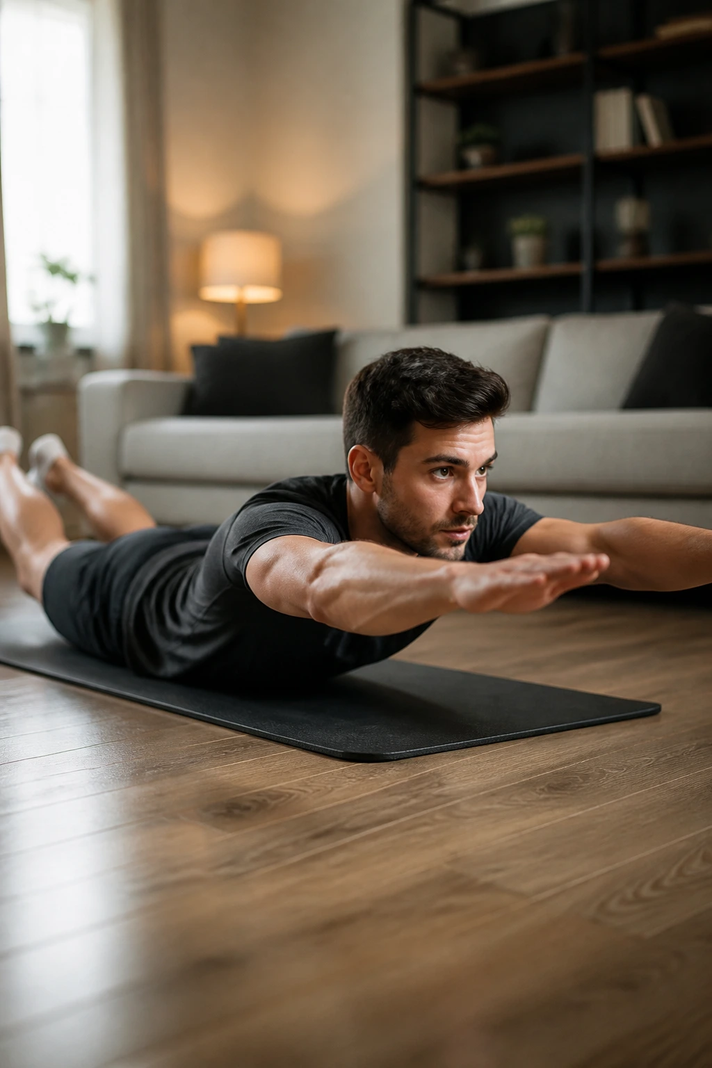 Person performing a Superman hold on a mat with minimal lift
