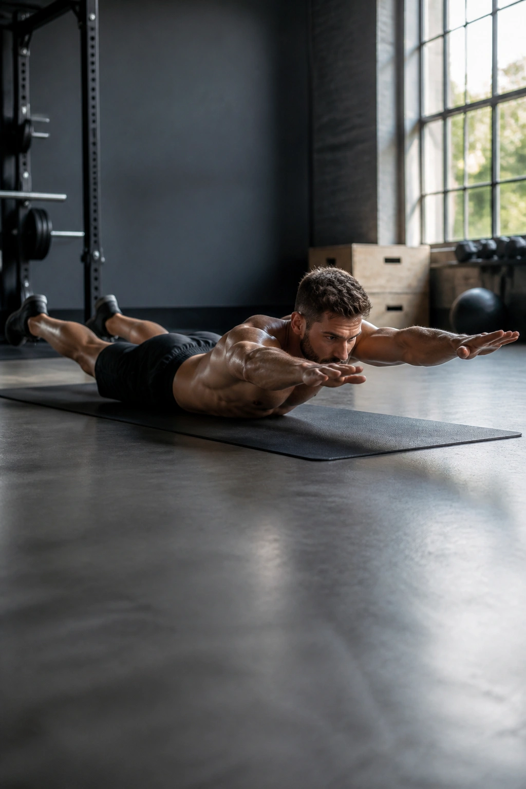 Person performing a superman hold on a gym mat with arms and legs extended