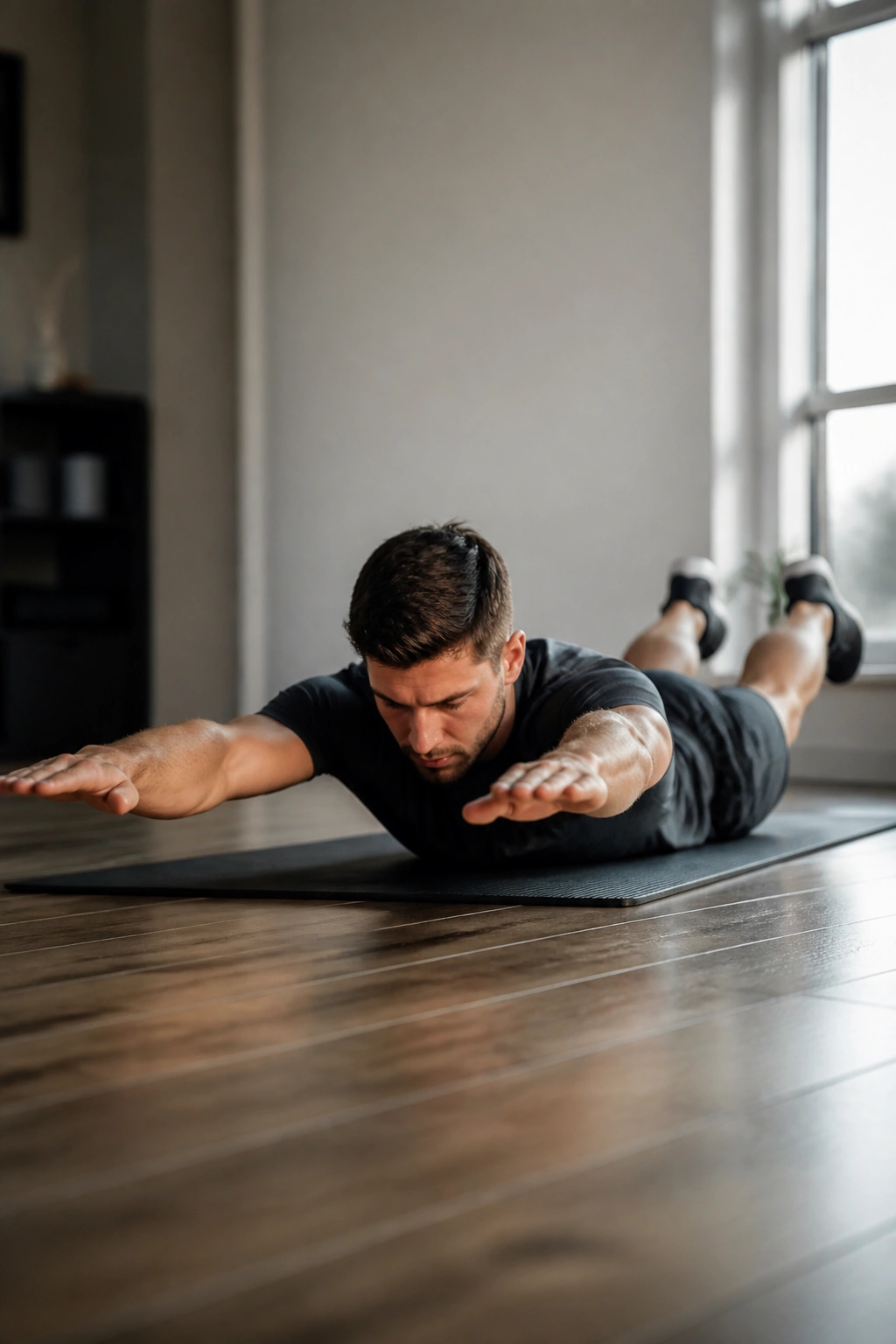 Person performing a small prone hover on a mat focusing on back and glute engagement