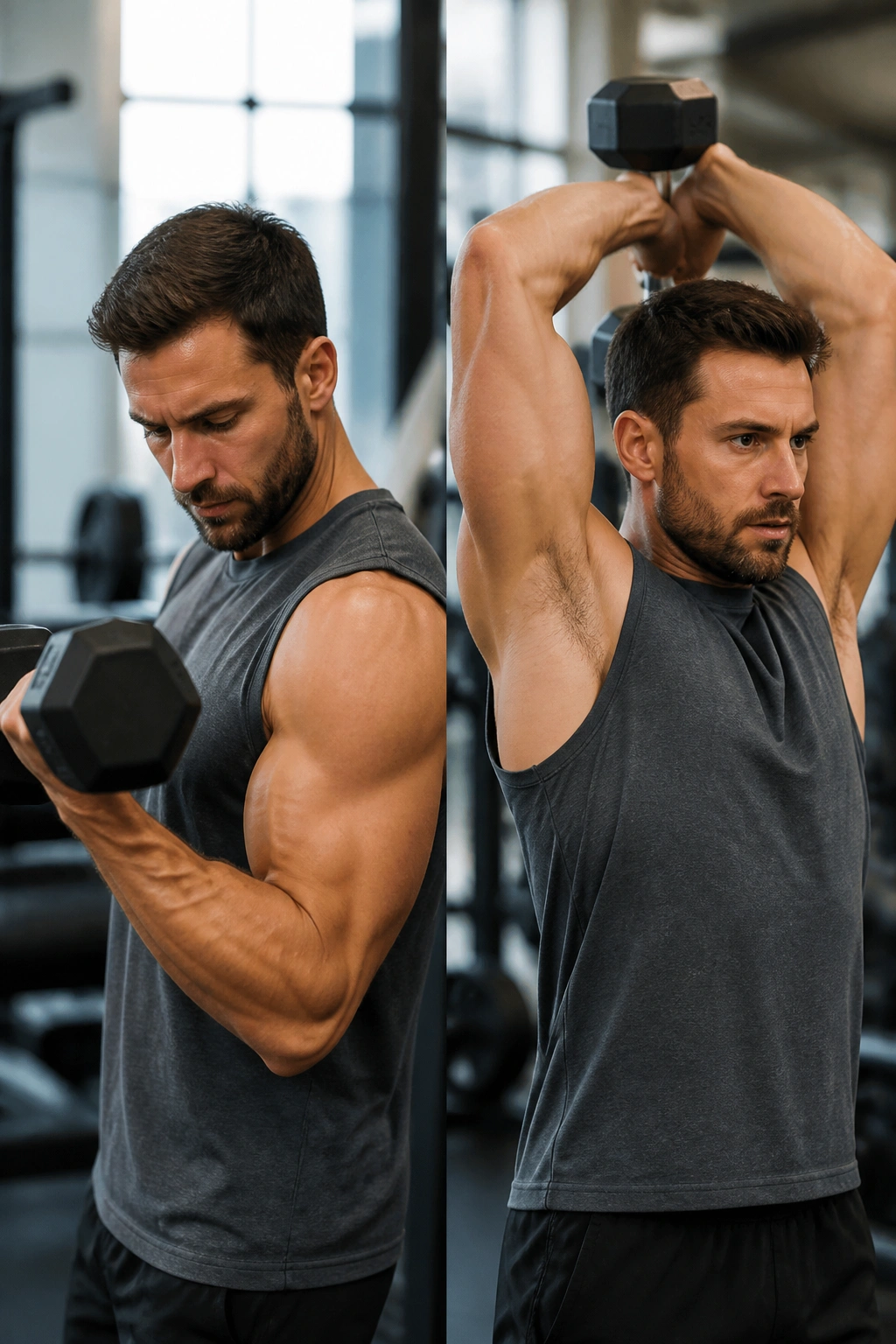 Close-up of a person performing a superset arm workout with curl and overhead extension in a gym