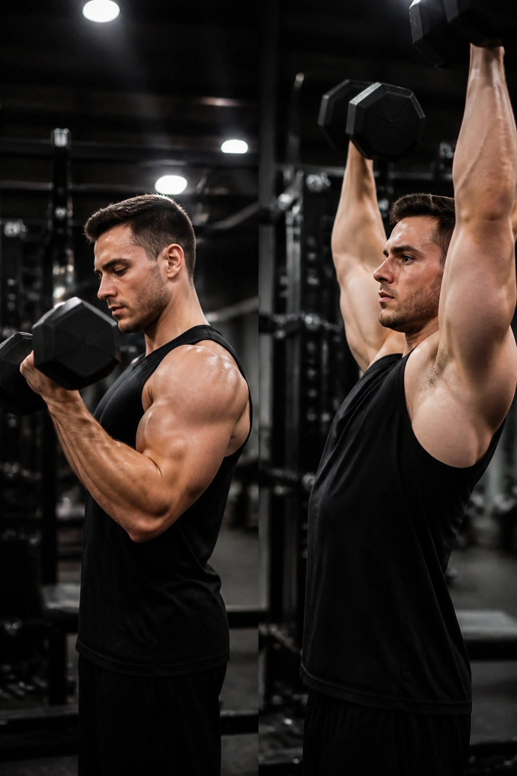 Lifter performing antagonist superset curl to press in gym.