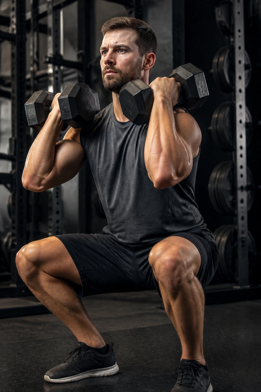 Person performing dumbbell front squat as part of a strength-endurance superset