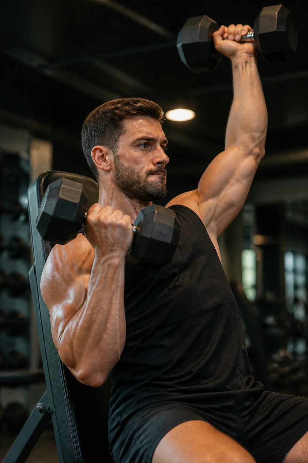 Lifter performing a superset by curling and pressing back-to-back in a gym
