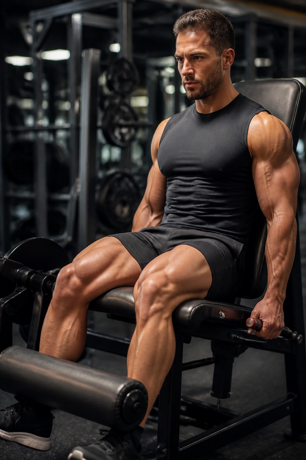 Lifter training legs with supersets in gym for maximum pump.