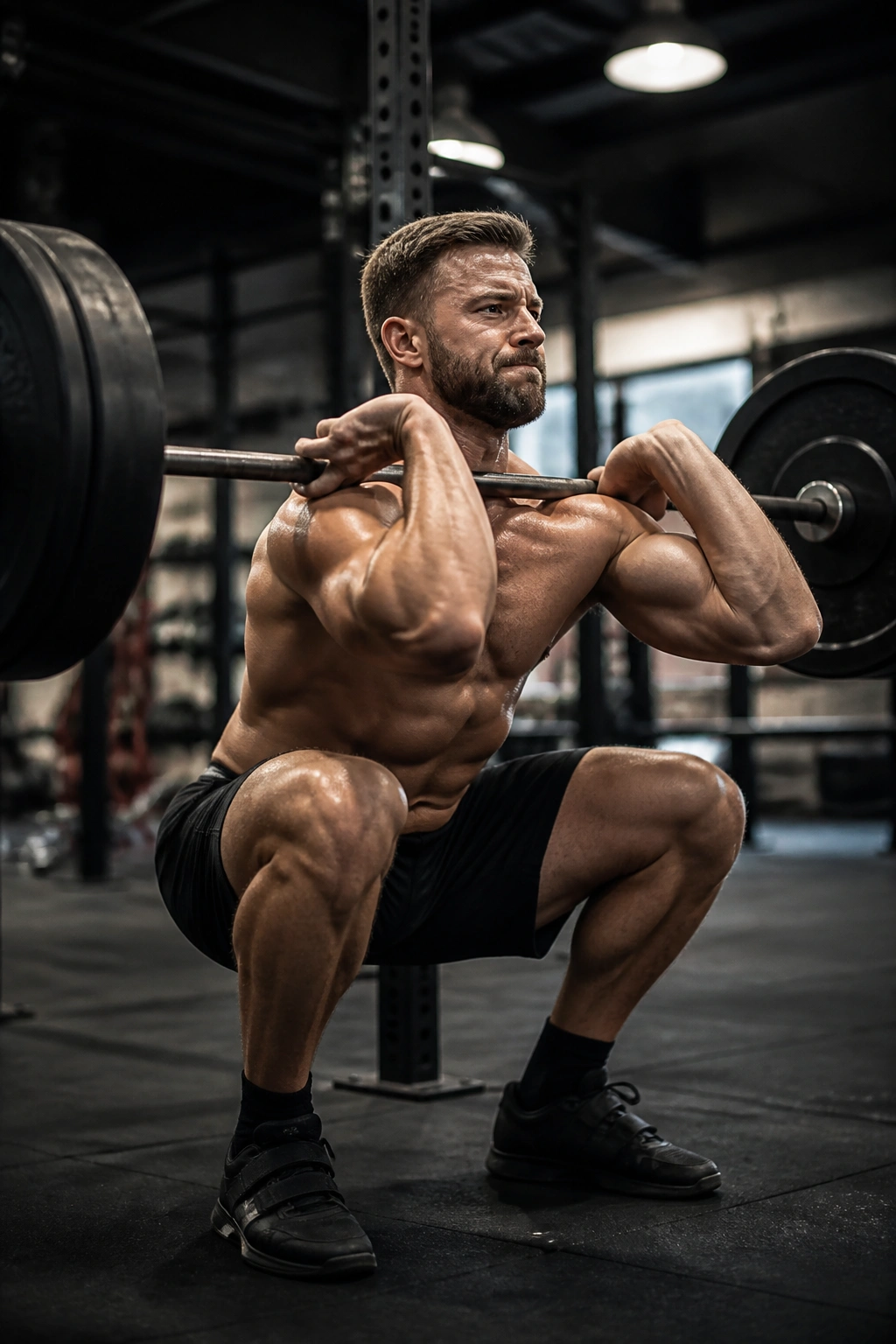 Athlete performing heavy front squat in gym