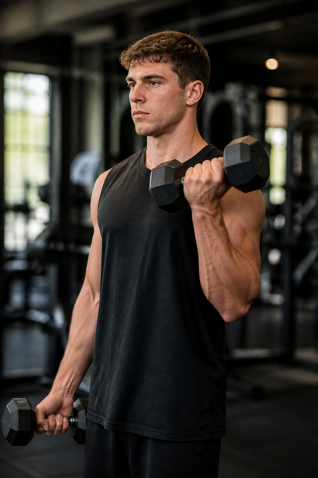 Close-up of alternating supinating curl showing wrist supination and flexed bicep in gym.