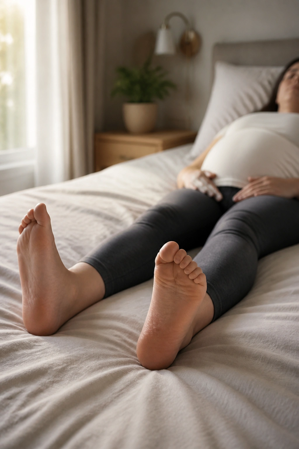 Pregnant woman performing ankle pumps while lying on bed.