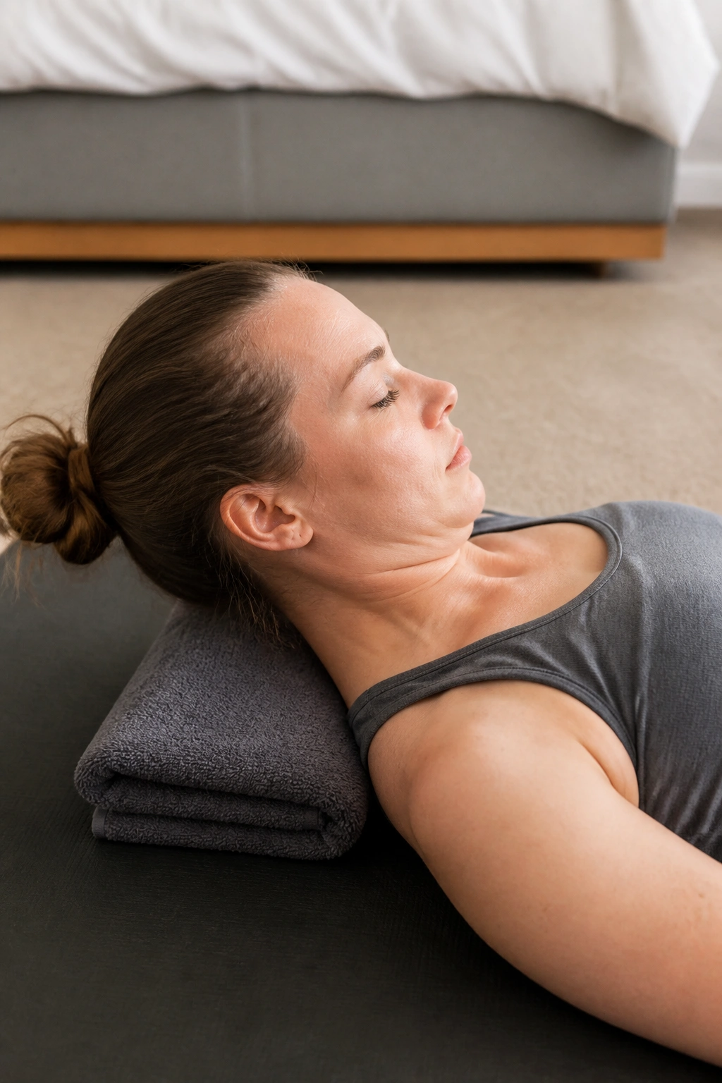 Close-up of a person lying on their back performing chin nod holds on a mat