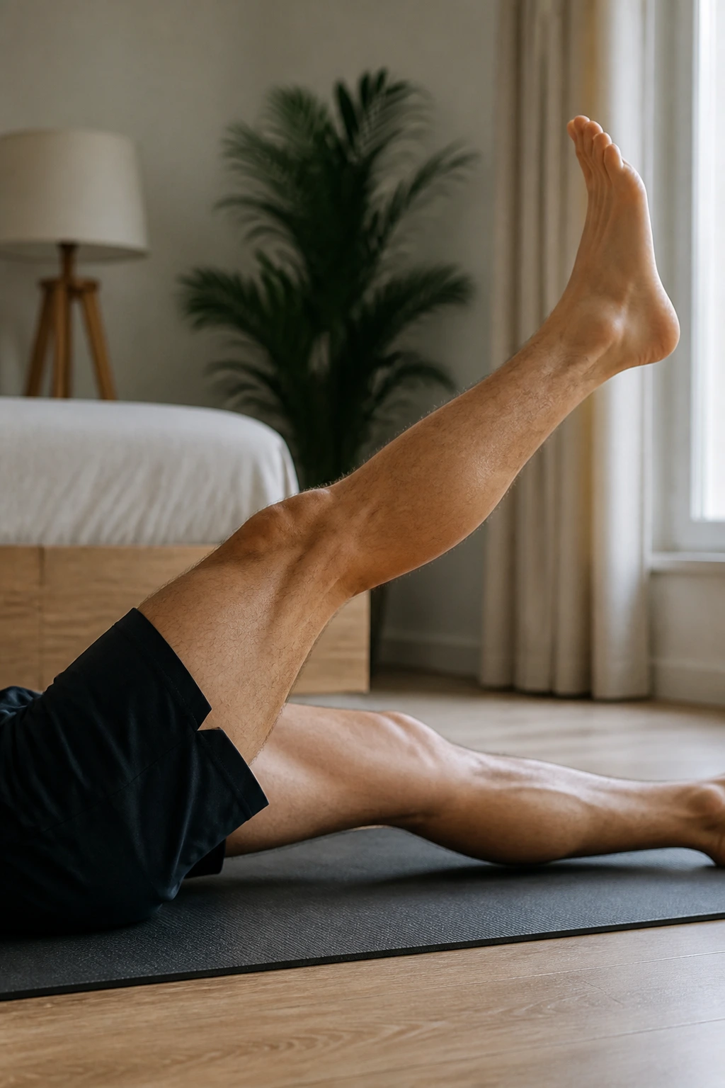 Supine straight leg raise performed on yoga mat