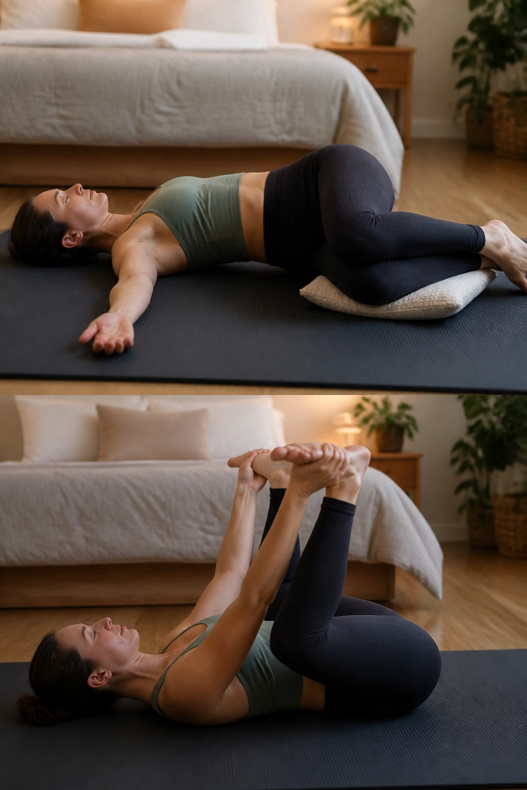 Real person performing supine twist and happy baby on a yoga mat