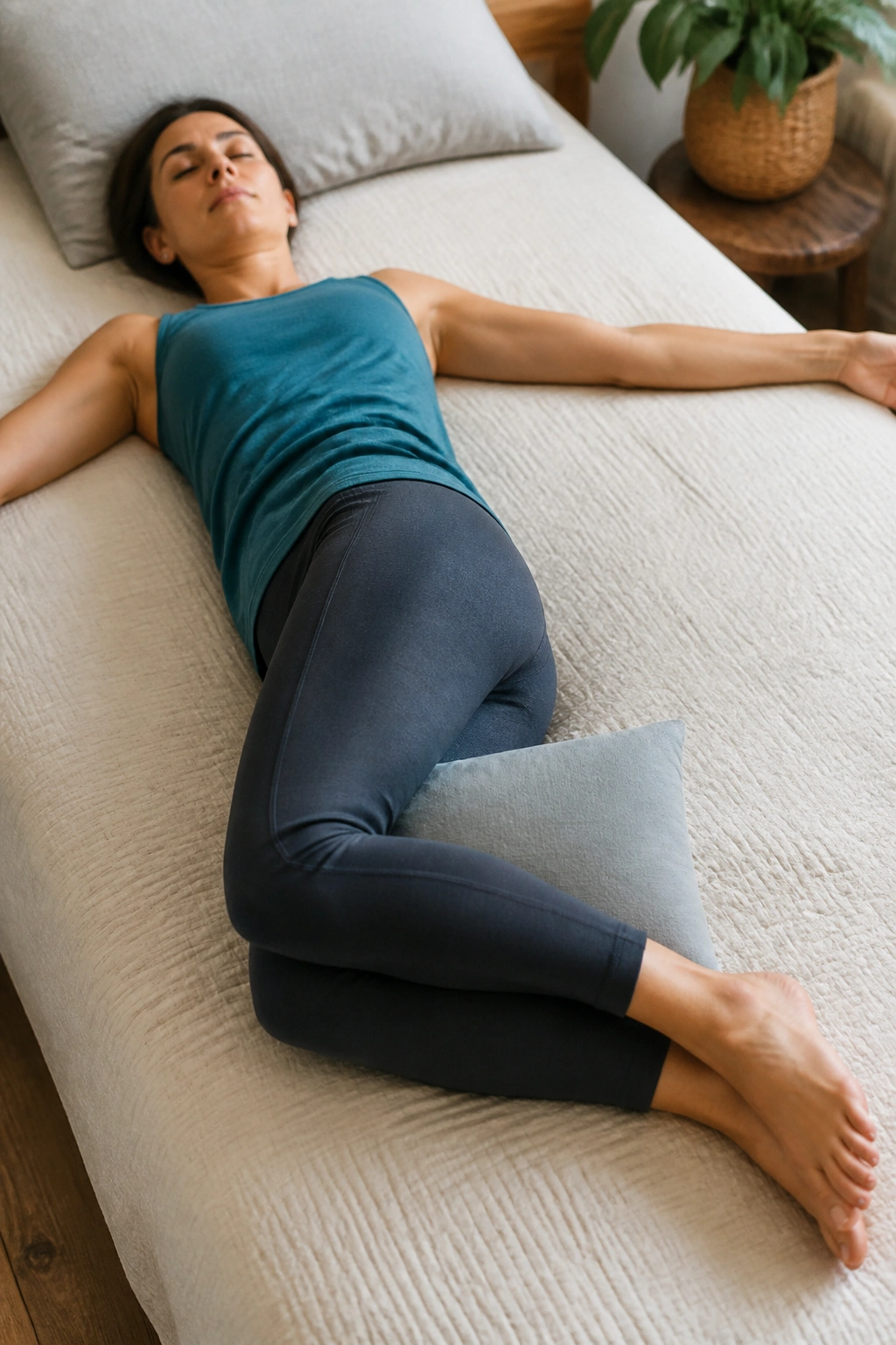 Person performing a supine twist on the back with knees to chest in a bedroom setting.