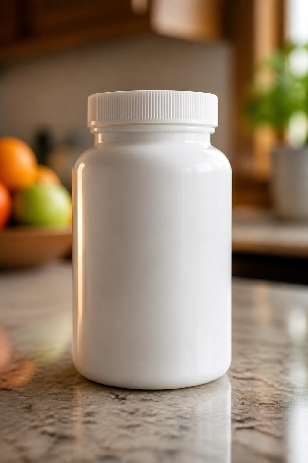 Unlabeled vitamin bottle on a kitchen counter