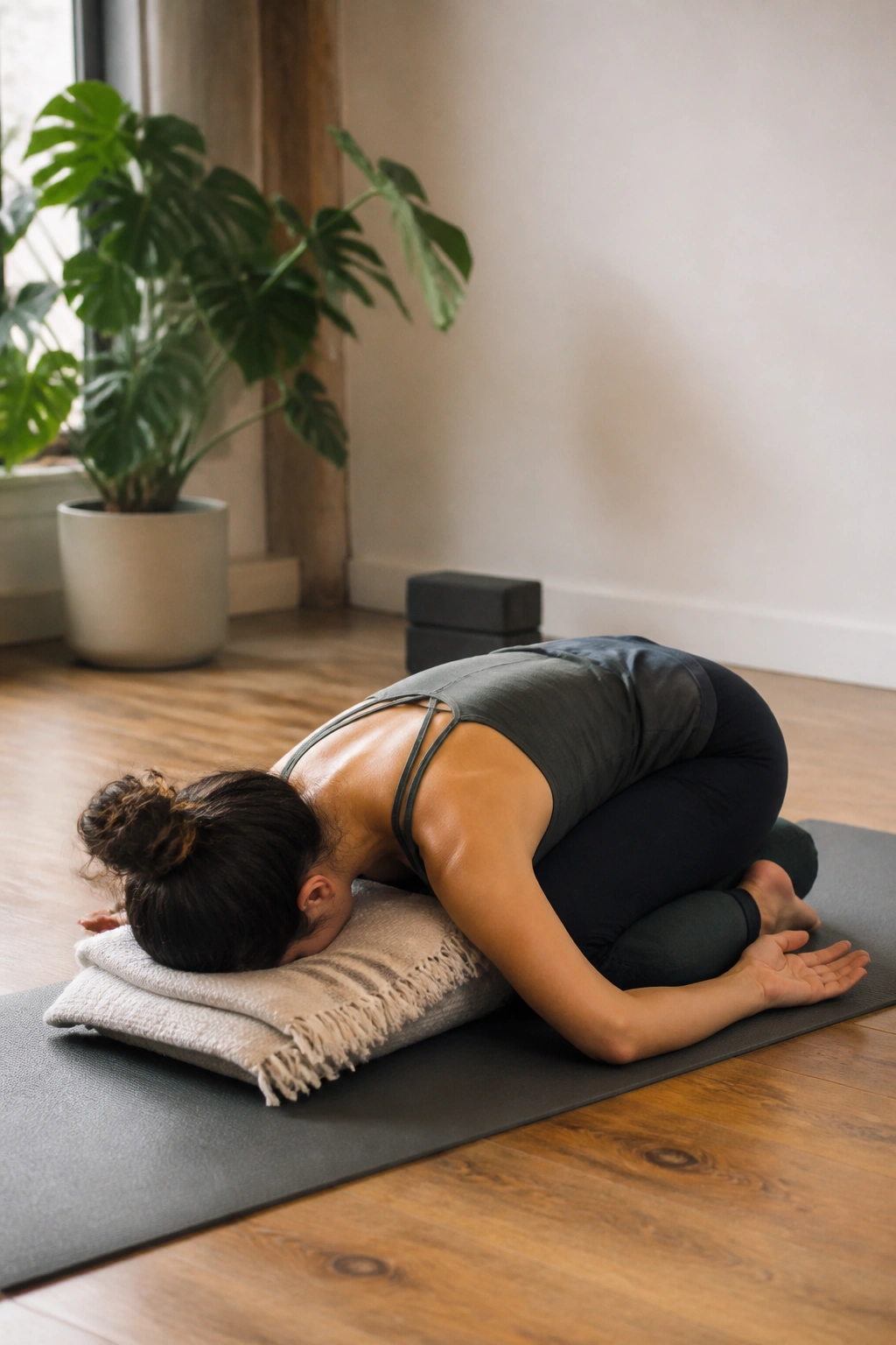 Supported Child's Pose in a home yoga space with a blanket for support