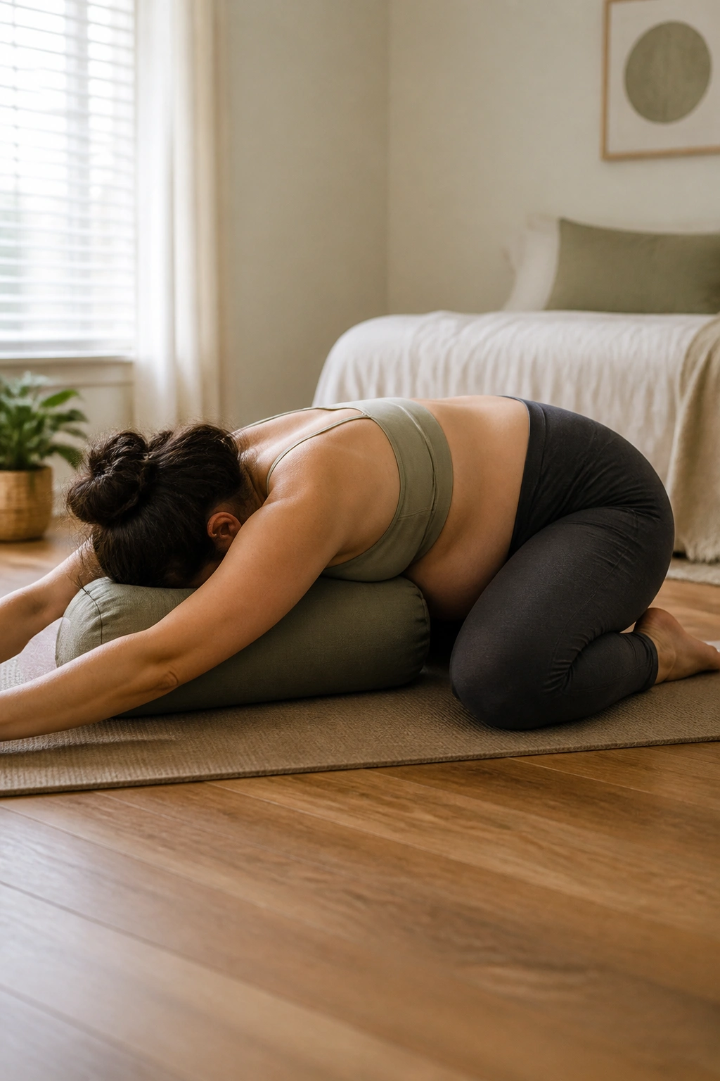 Woman in wide-knee supported child’s pose with a bolster creating space for the belly