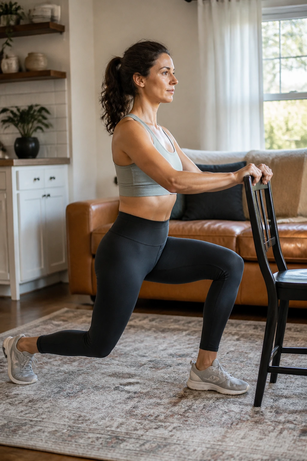 Person performing a supported split squat with a chair for support