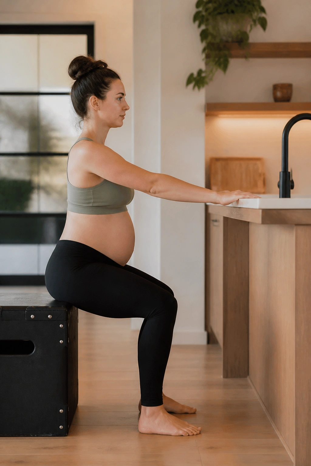Medium close-up of a person performing supported squat to a box in a home setting