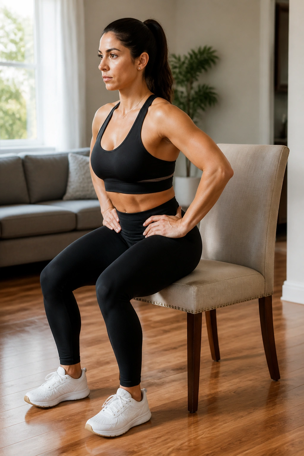 Person performing a chair-supported squat at home with core engaged.