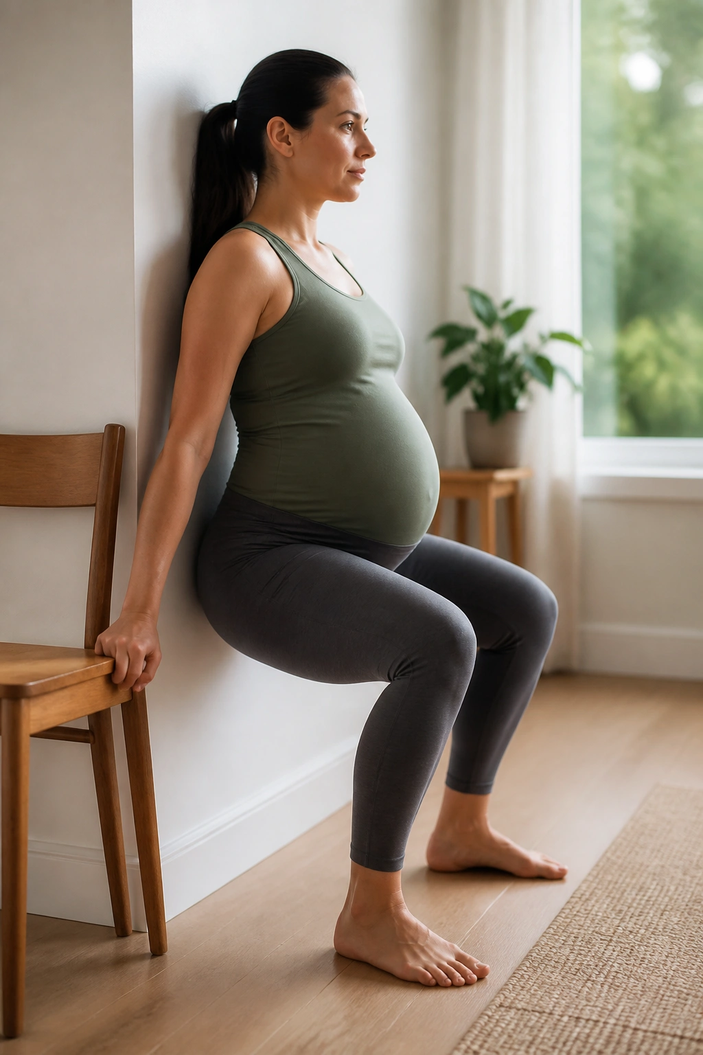 Pregnant person doing Supported Squats with wall or chair support