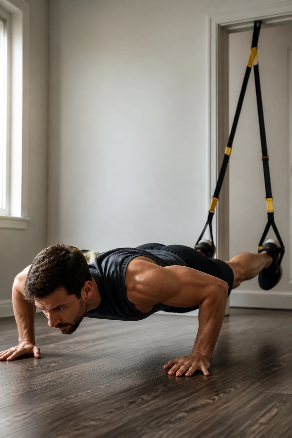 Person performing suspended push-up with TRX straps in doorway