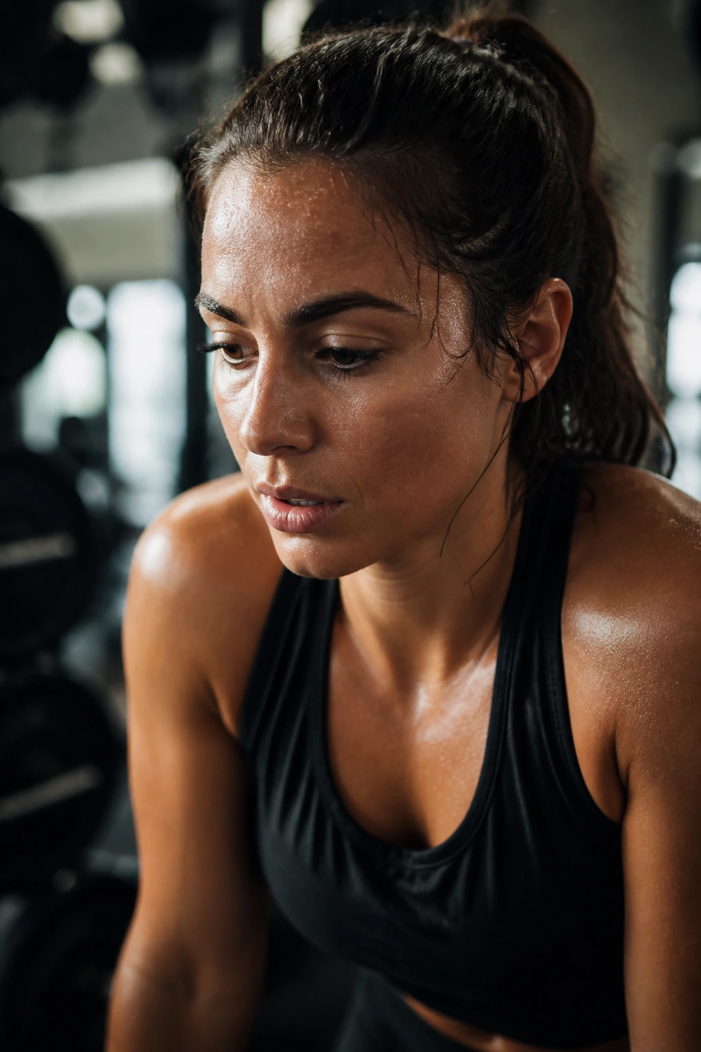 Close-up portrait of an athlete with sweat on the forehead in a gym