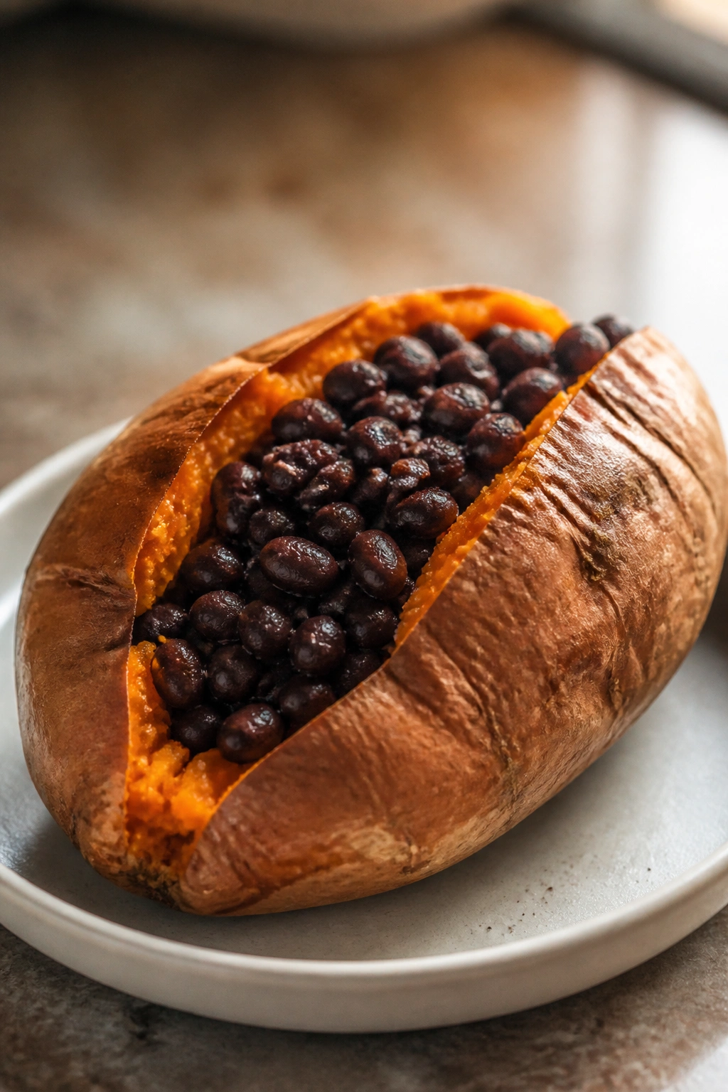 Close-up of baked sweet potato stuffed with black beans