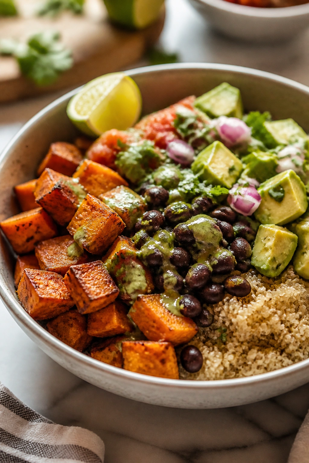 Close-up of roasted sweet potato and black bean bowls on quinoa
