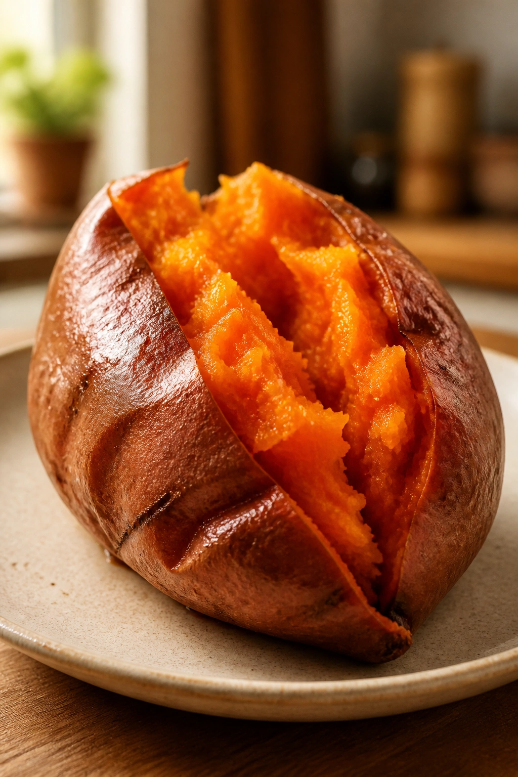 Close-up of baked sweet potato with orange flesh on plate in warm kitchen