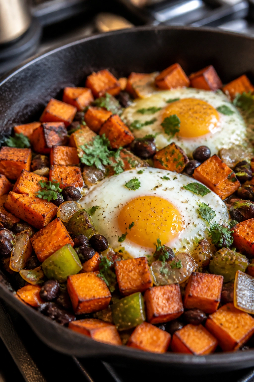 Skillet sweet potato hash with eggs on a stovetop