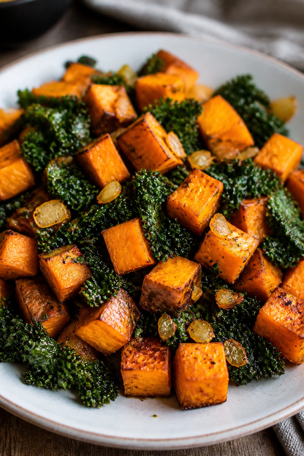 Close-up of roasted sweet potato and kale hash on a plate in a warm kitchen