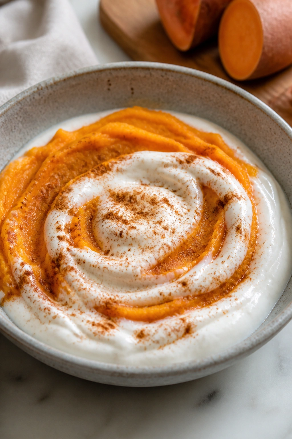 Creamy sweet potato yogurt bowl on a warm kitchen counter.