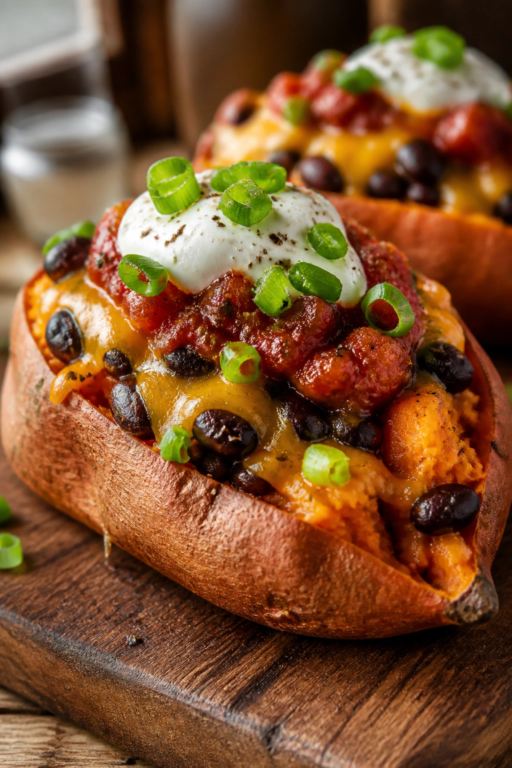 Close-up of loaded sweet potatoes topped with black beans, cheese, salsa and yogurt on a rustic board