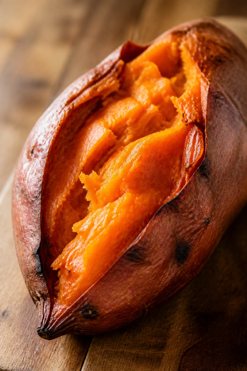 Roasted sweet potato on a wooden surface showing bright orange interior