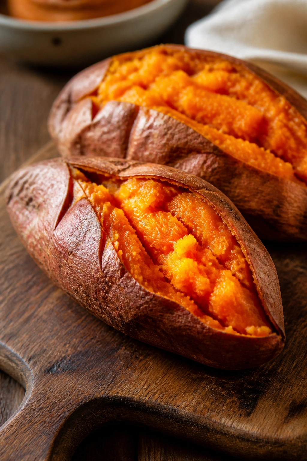 Baked sweet potatoes with orange flesh on a wooden board