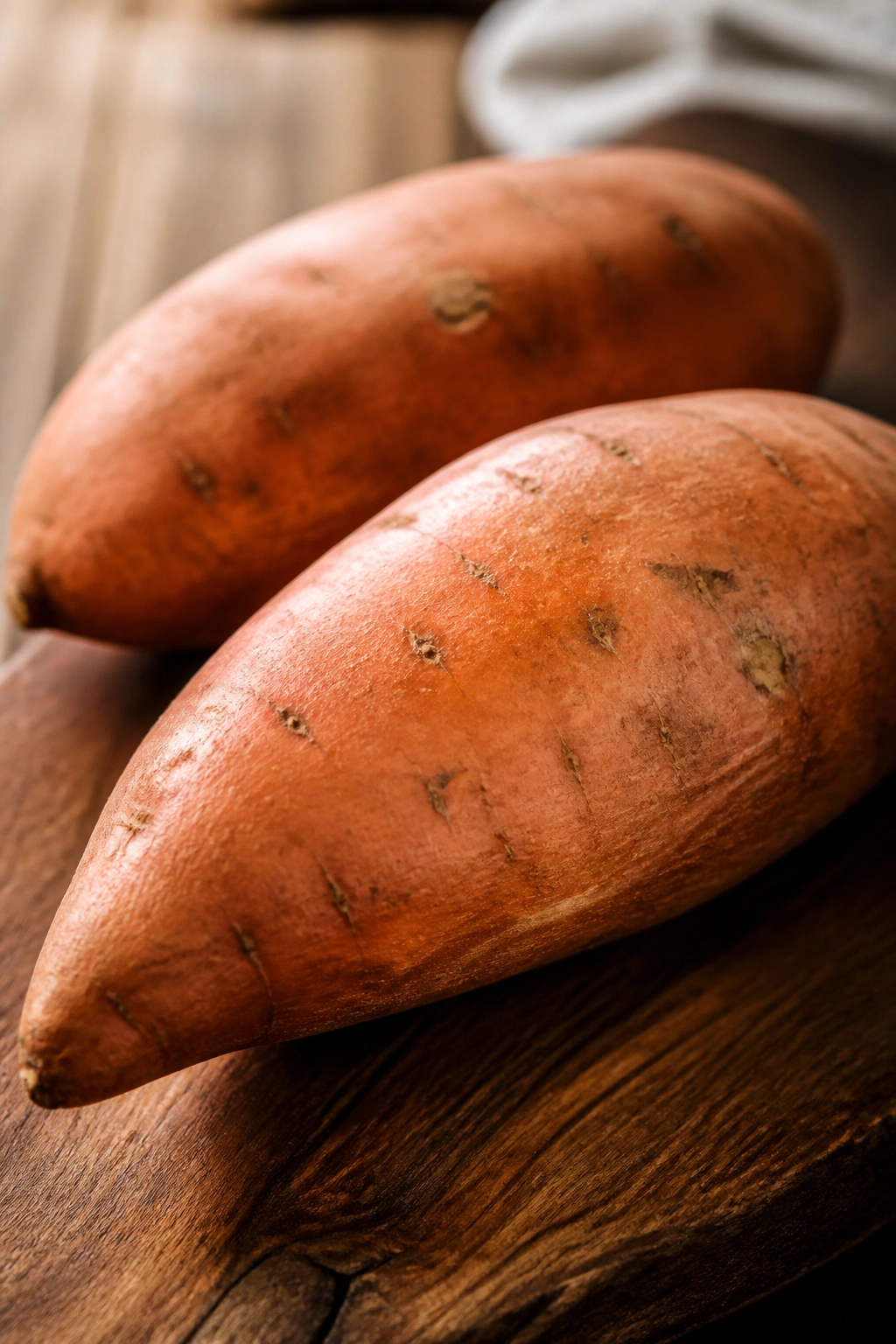 Close-up of two orange sweet potatoes on a wooden board