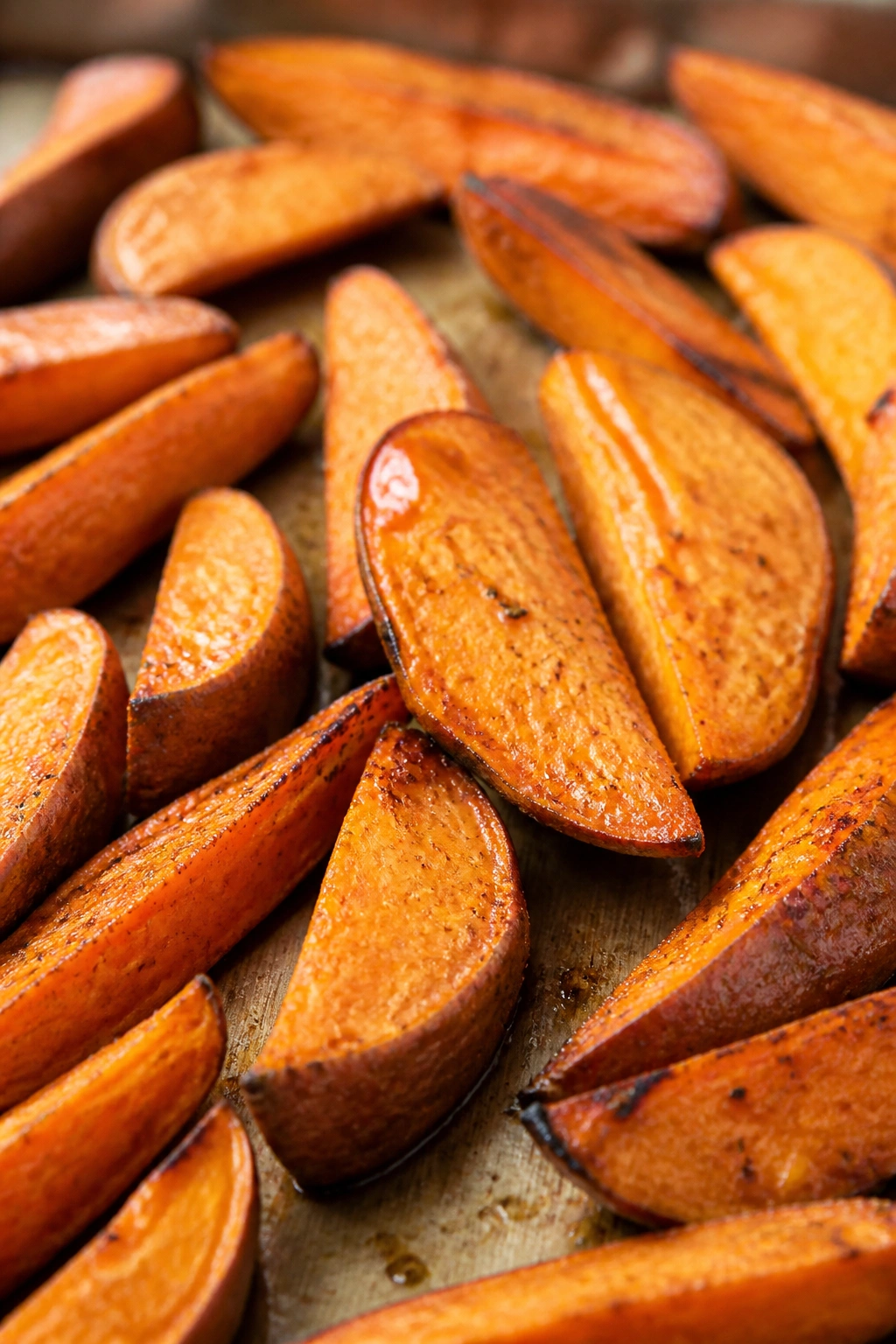 Close-up of roasted sweet potato wedges on a wooden tray
