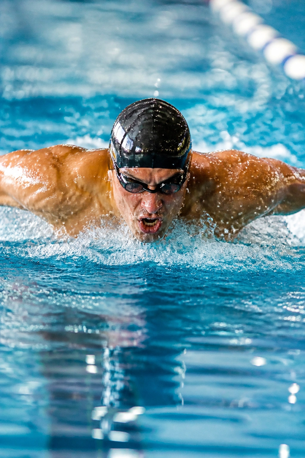 Close-up of a swimmer sprinting in a pool with water spray around the shoulders