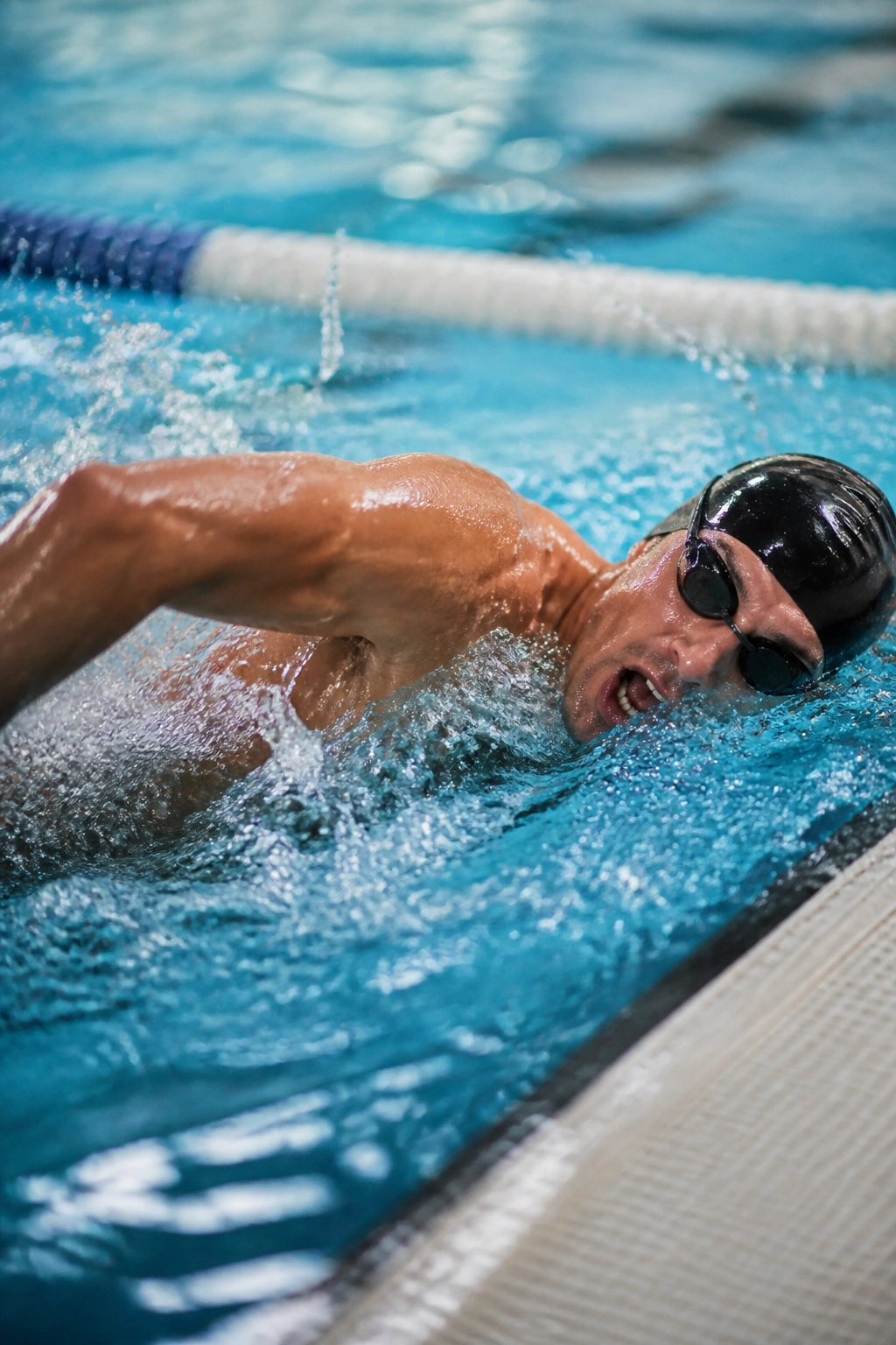 Close-up of a swimmer mid-stroke in a pool during interval training