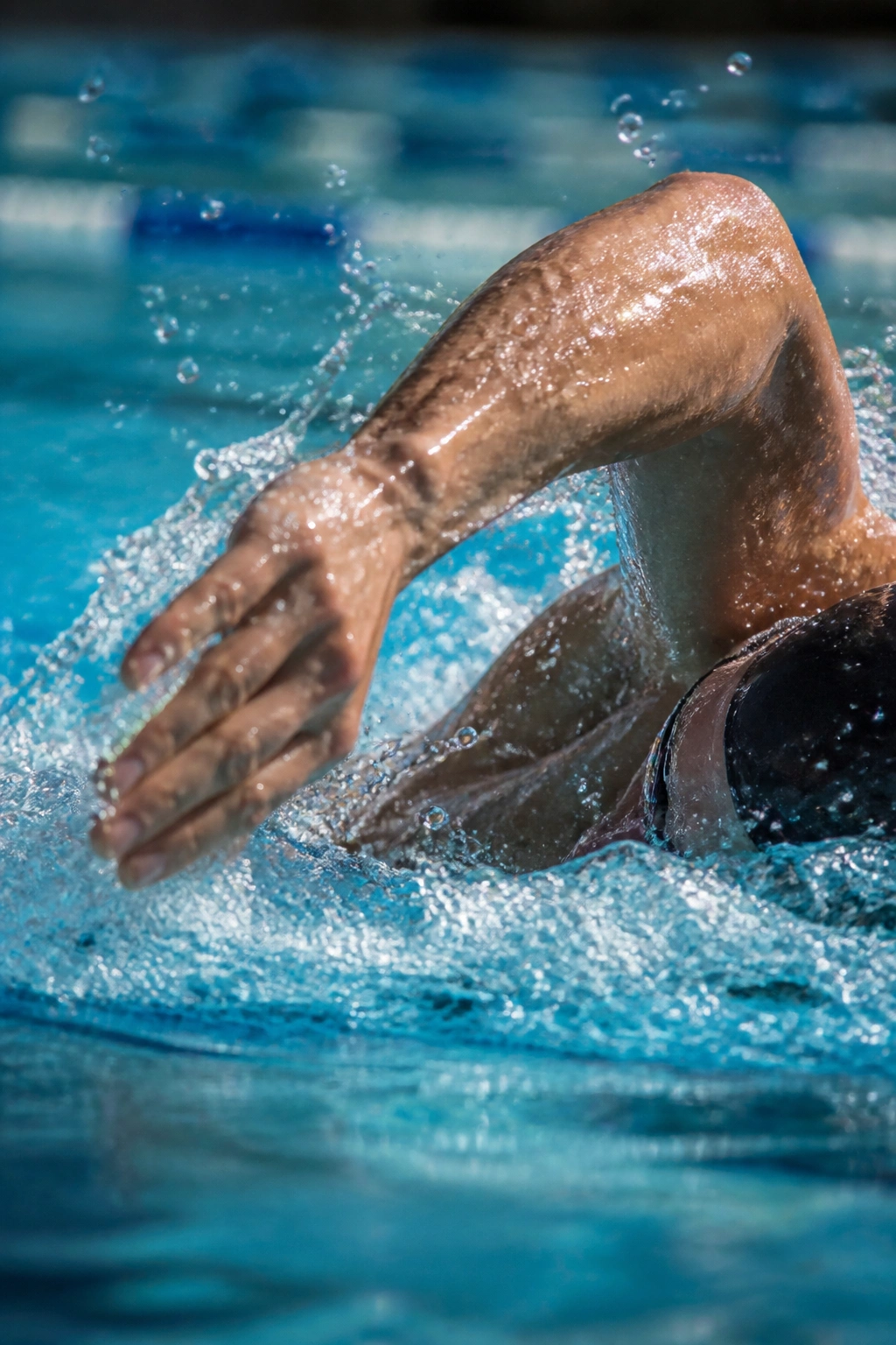 Arm of a swimmer in sprint stroke with water spray